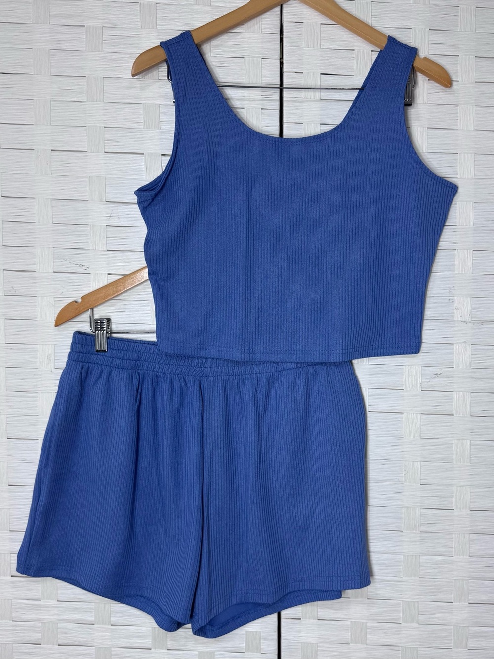 Trendy Queen Blue Ribbed 2 Piece Lounge Tank & Short Set Summer Beach Size L